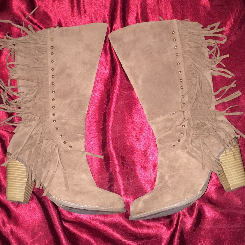 Brown mid calf fringe boots